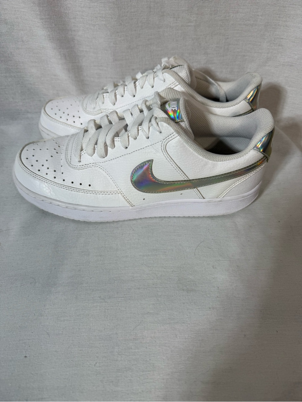 Women’s White Low-Top Sneakers with Iridescent Swoosh Size 11